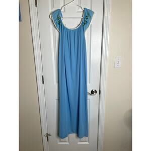 Vtg Glencraft Long Nightgown Size Small Blue Embroidered Flowers Flutter Sleeves
